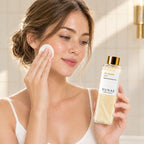 Woman pressing a toner-soaked pad to her cheek, holding the Yunae Silk Peptide EGF Toner bottle at chest height